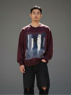 Men's Crewneck Sweater in Deep Burgundy with Abstract Front Panel